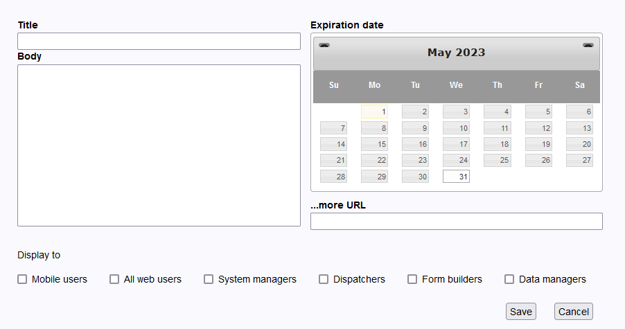 A screenshot of the doForms notice creation interface. There are text boxes for title text, body text and read more url. There is a date selection interface. There are checkboxes for the types of users to display the notice to.