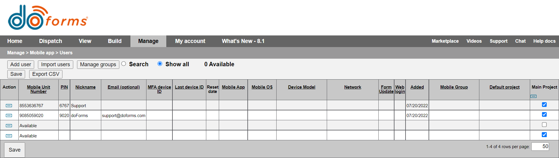 A screenshot of the mobile app user management page