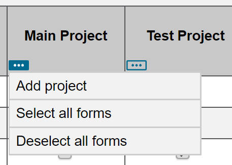 A screenshot of the project actions menu