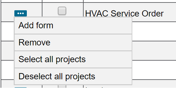 A screenshot of the form actions menu